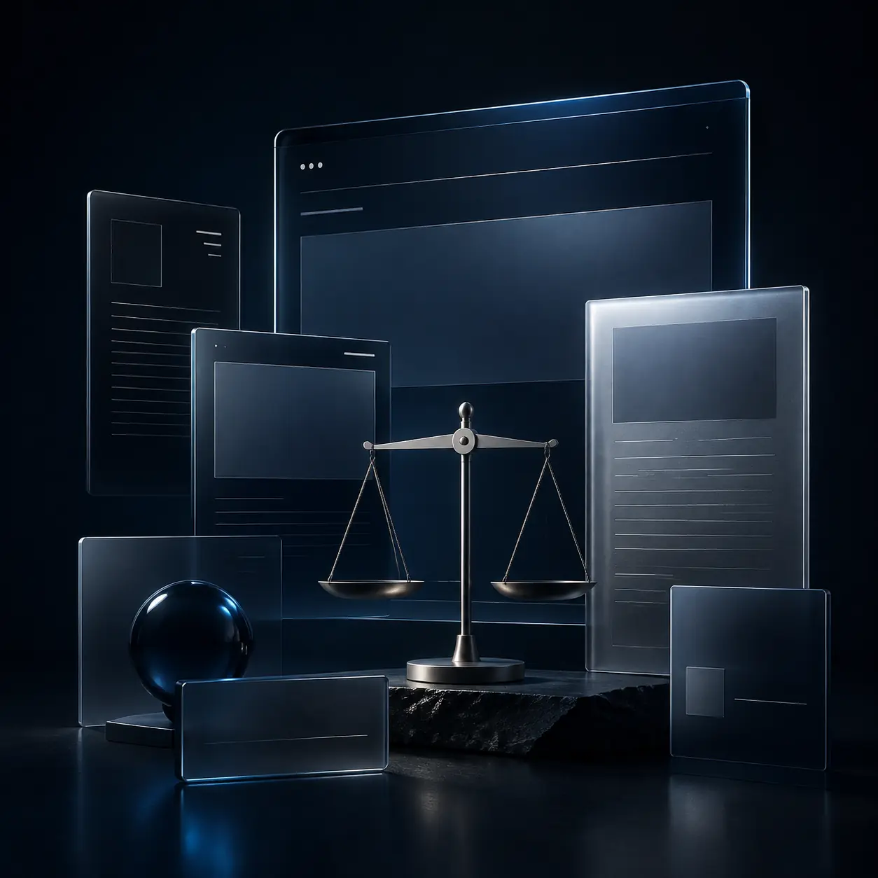 A refined legal website system represented by floating glass document frames
