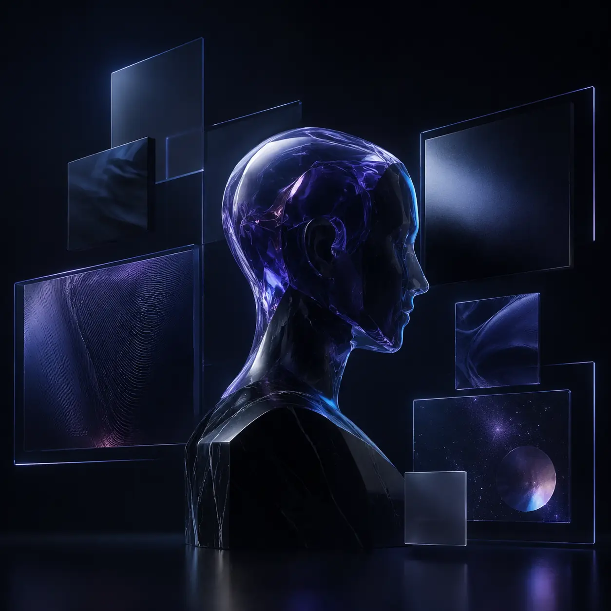 A sculptural profile surrounded by modular editorial glass frames